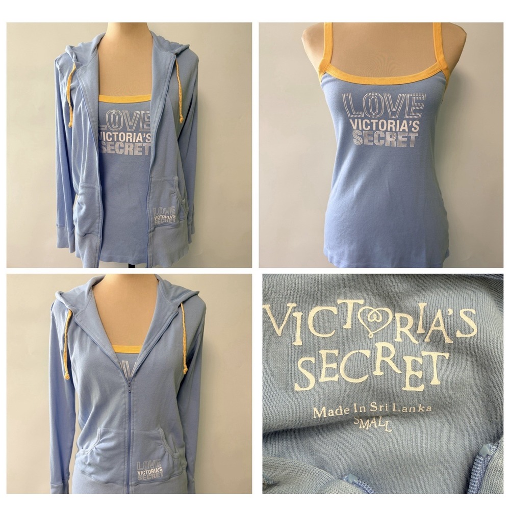 Y2K Victorias Secret LOVE Lounge Set Hoodie Full Zip & Tank Top Sz S Cotton VTG